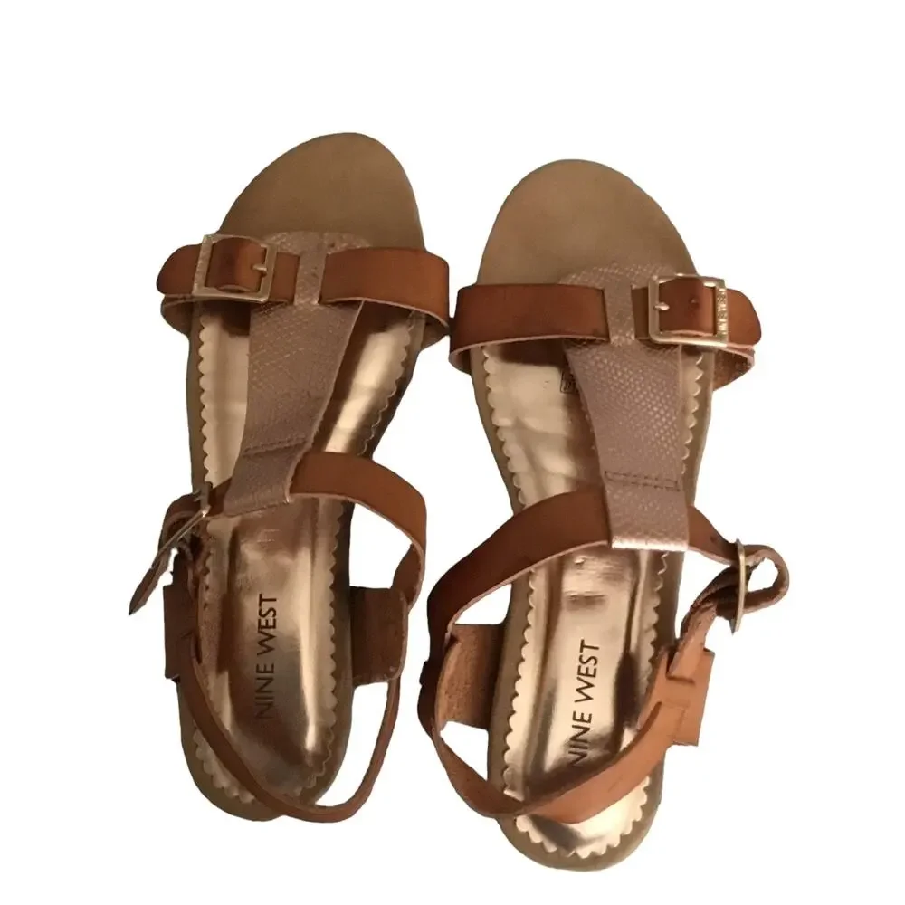 Nine West Girls Sandals Rose Gold Camel Tan Leather Buckle Flat Girls Size 4